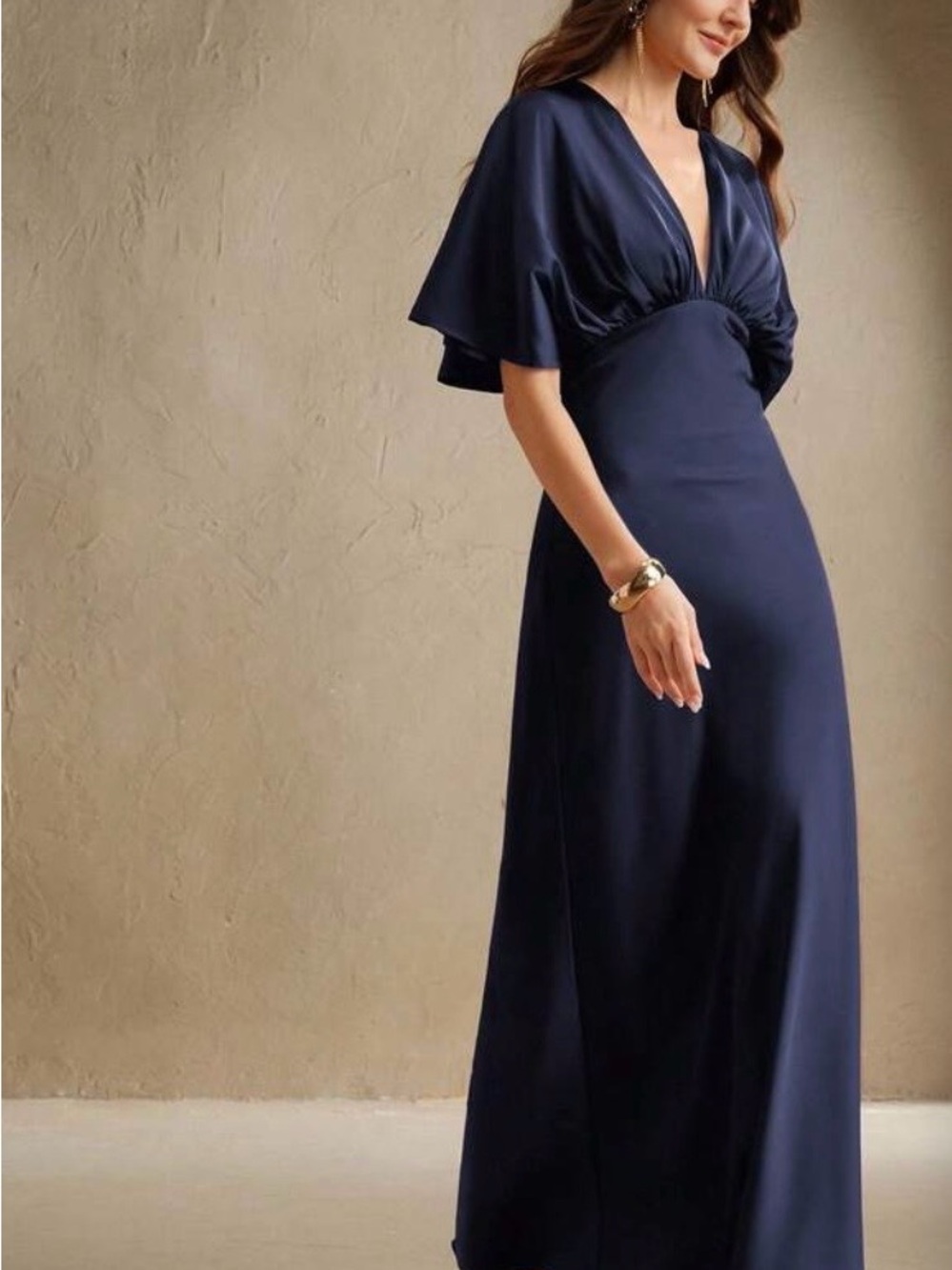 Elegant Navy V-Neck Maxi Dress with Flutter Sleeves